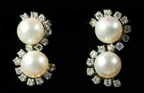 Appraisal: PAIR K WHITE GOLD DIAMOND AND CULTURED PEARL EARRINGS Each