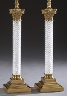 Appraisal: Pair of Brass and Crystal Column Lamps th c o