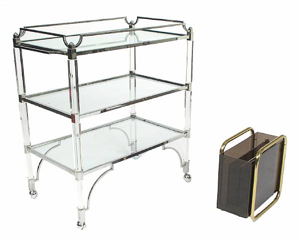 Appraisal: A mid century chrome lucite and glass three tier trolley