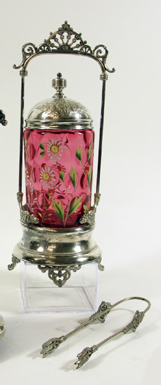 Appraisal: AMERICAN VICTORIAN FORBES SILVER AND ART GLASS PICKLE CASTOR the