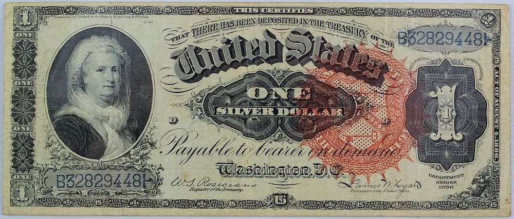 Appraisal: Auth Martha Washington Silver Certificate Series silver dollar currency bill