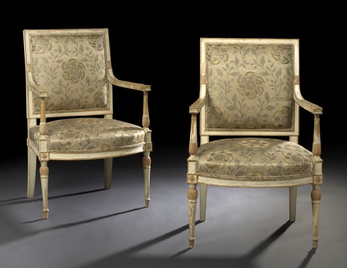 Appraisal: Pair of Directoire-Style Walnut and Polychromed Fauteuils second quarter th