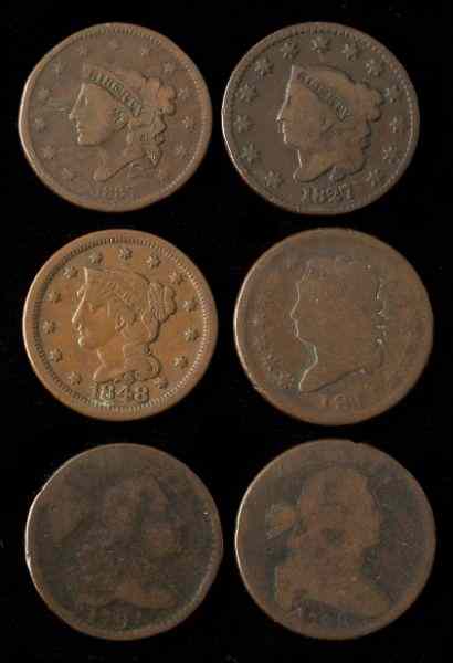 Appraisal: Six-Piece Large Cent Type Setto include Liberty Cap with Head