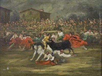 Appraisal: late th Century Continental SchoolThe Bullfightoil on canvas cm x