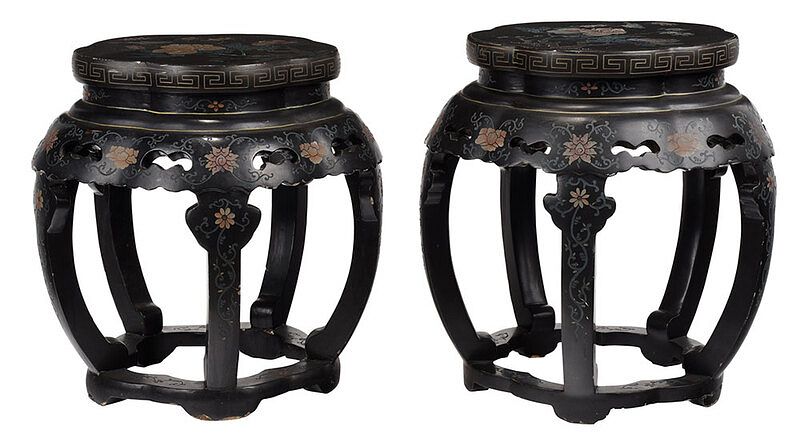 Appraisal: Pair Chinese Black Lacquered Polychrome Taborets th century each with