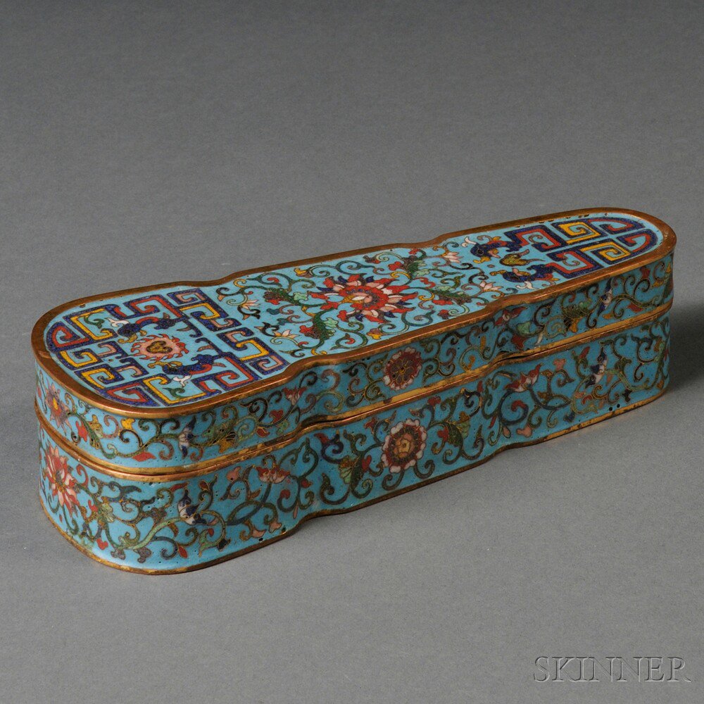 Appraisal: Cloisonne Covered Box China tapered form decorated with archaic-style scrolls