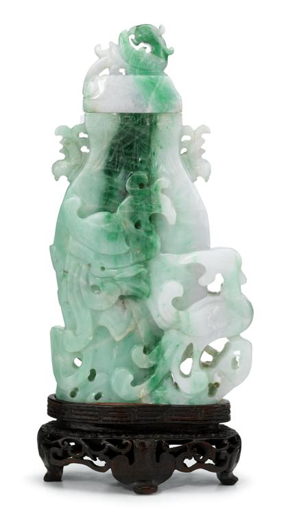 Appraisal: Good Chinese green mottled jadeite covered vase th century