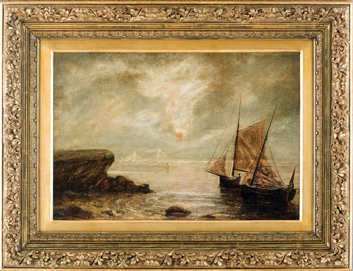 Appraisal: TWO SAILBOATS SETTING OFF FROM SHORE Oil on canvas mounted