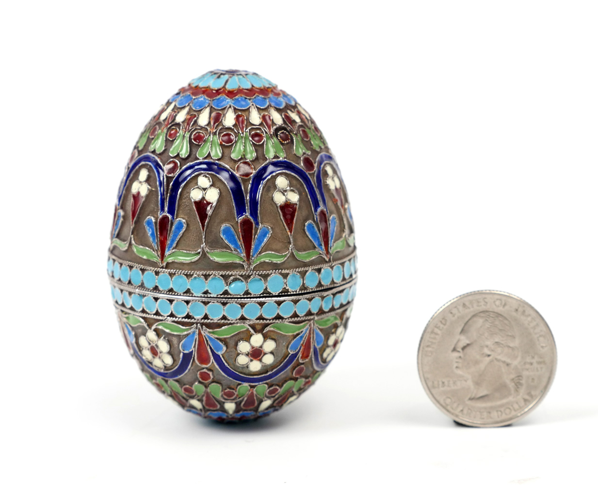 Appraisal: PAVEL OVCHINNIKOV RUSSIAN SILVER AND CLOISONNE EGG Hallmarked with Moscow