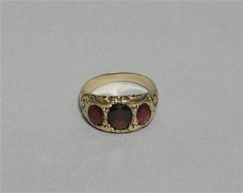 Appraisal: ANTIQUE GARNET THREE STONE RING Formed as three oval cut