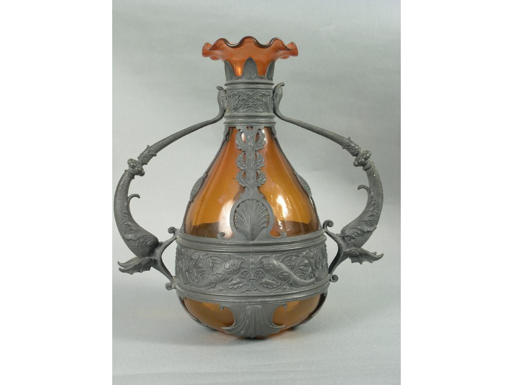 Appraisal: A late th Century pewter and ruby glass vase the