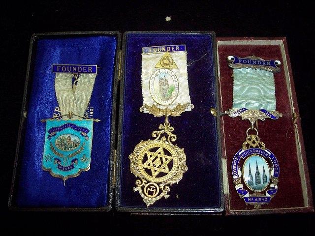 Appraisal: Three silver masonic Founders medallions each enamelled a church Abbot