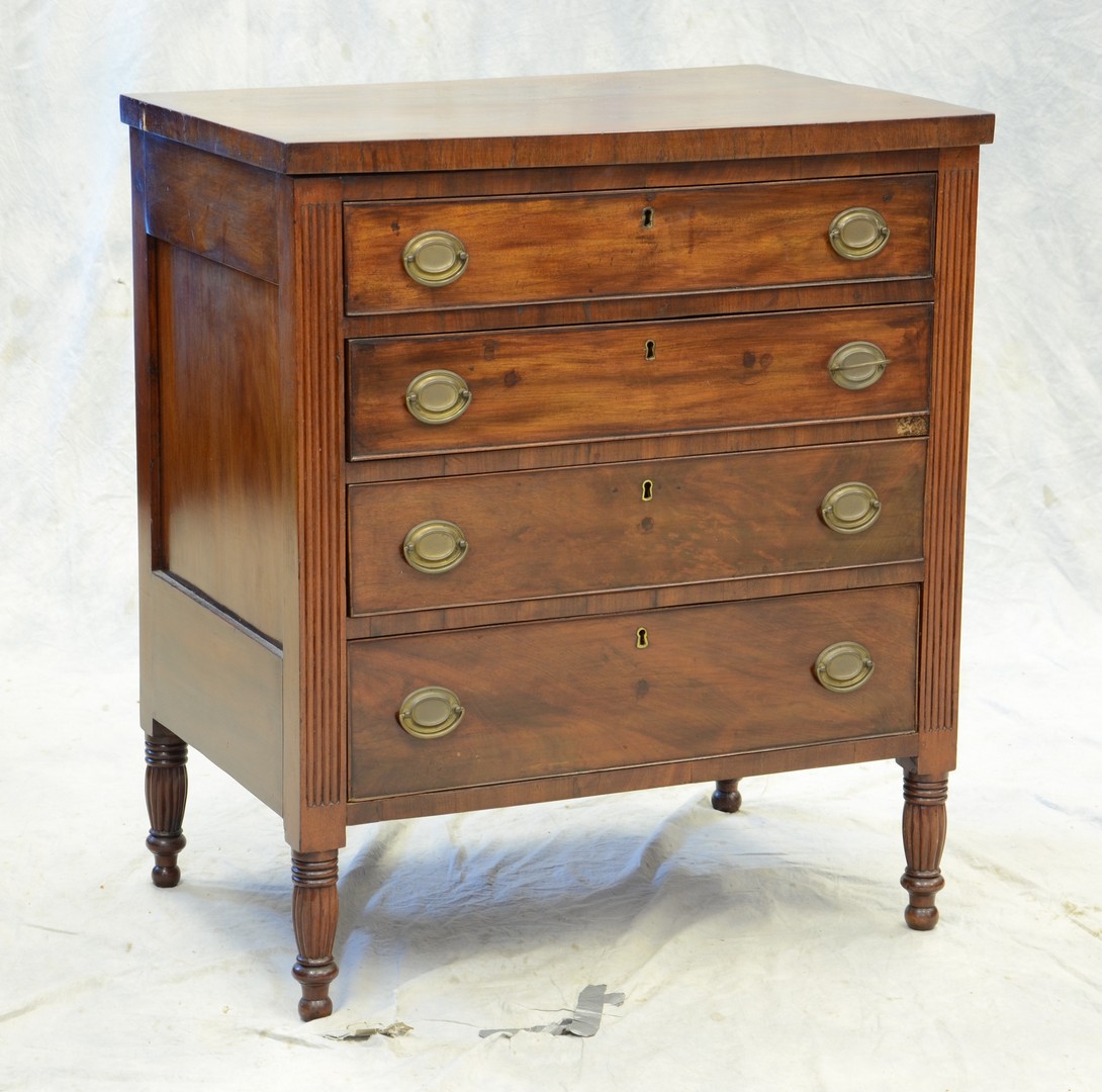 Appraisal: Mahogany Sheraton child size chest graduated beaded drawers replaced brasses