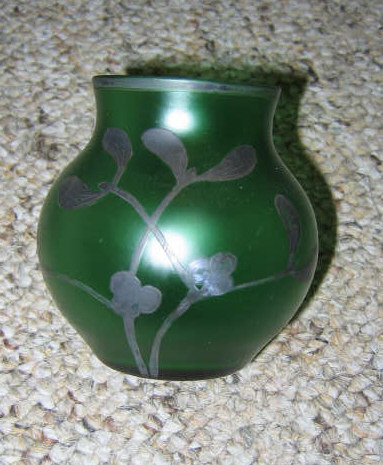 Appraisal: CONTINENTAL ART NOUVEAU CABINET VASE Green with applied silvered mistletoe