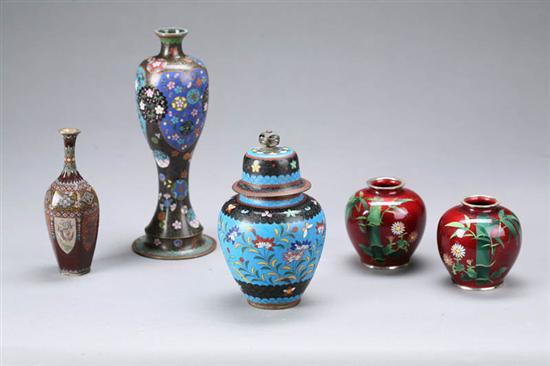 Appraisal: FIVE PIECES OF CLOISONNE Vase with floral decoration and black