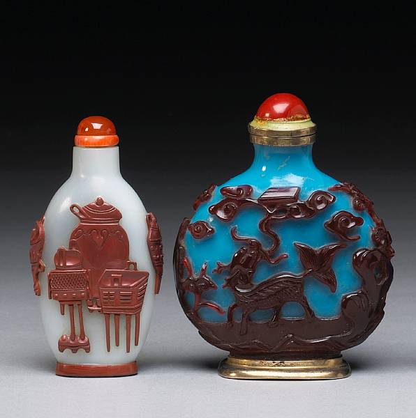 Appraisal: Two overlay decorated Peking glass snuff bottles The first a