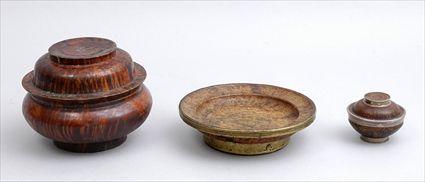 Appraisal: GROUP OF THREE TURNED WOOD ARTICLES Comprising a small footed