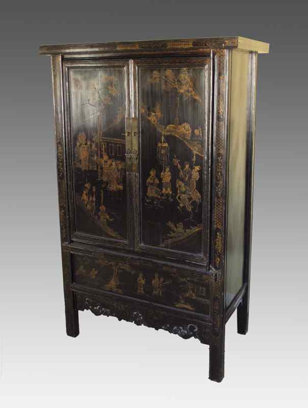 Appraisal: CHINOISERIE DECORATED DOOR ARMOIRE Gold chinoiserie paneled doors with brass