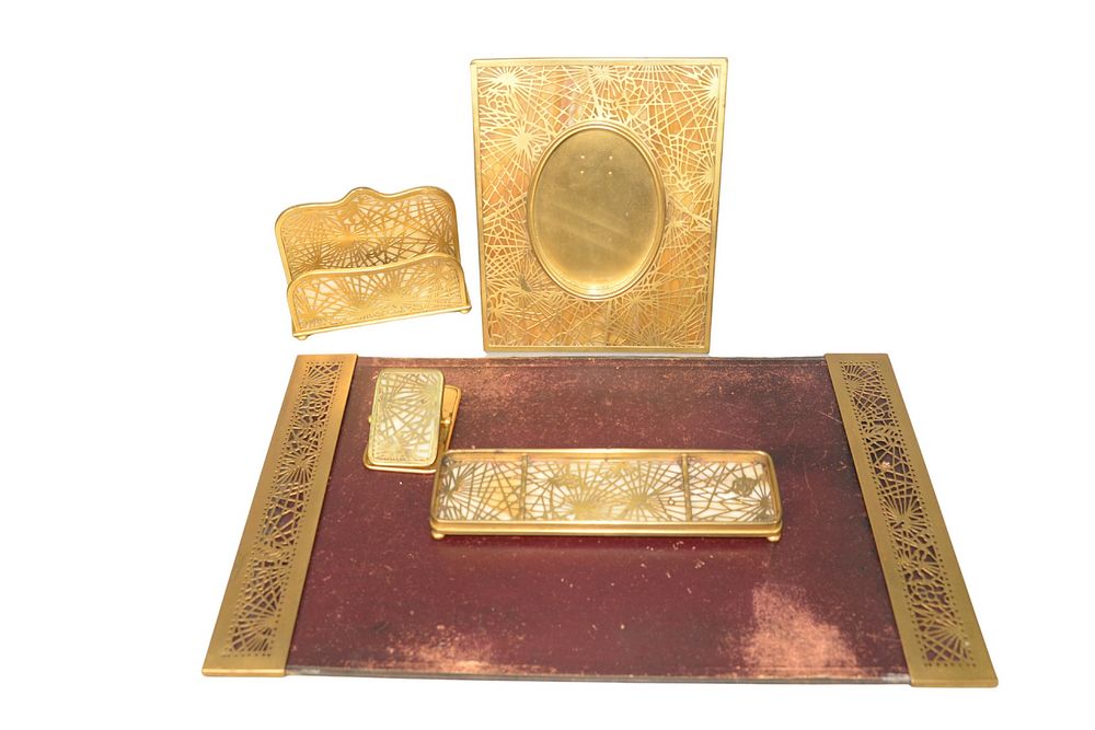 Appraisal: Five Piece Tiffany Studios Desk Set with blotter ends letter