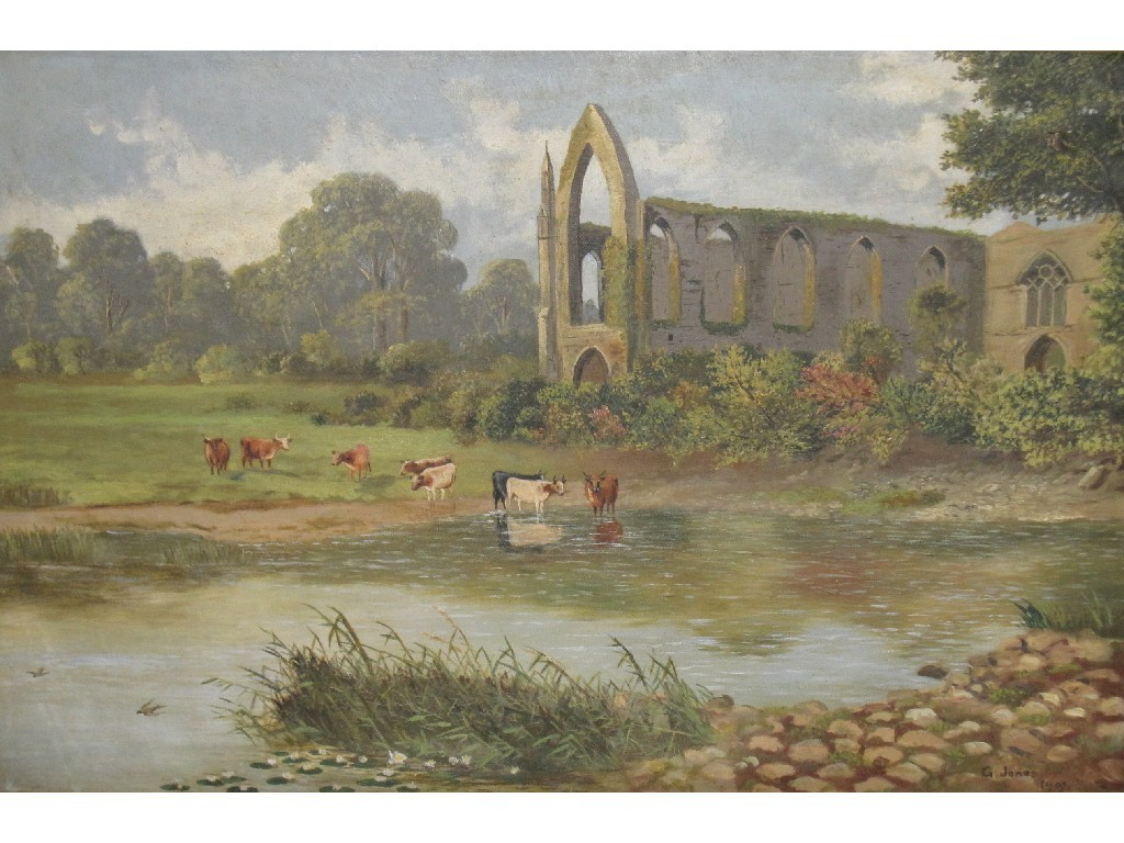 Appraisal: Oil on canvas landscape with a ruined abbey signed G