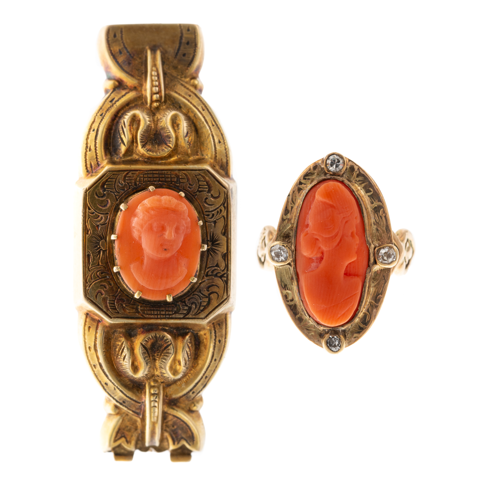 Appraisal: ANTIQUE CORAL CAMEO RING BROOCH IN K K c early