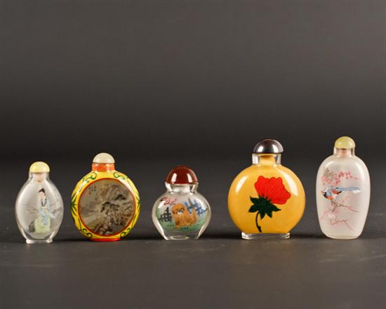 Appraisal: Five Inside Painted Glass Snuff Bottles in varying shapes and