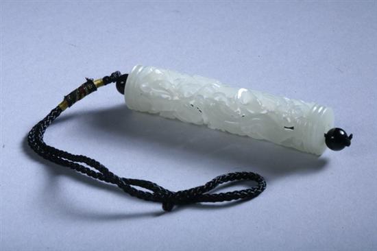 Appraisal: CHINESE LIGHT CELADON JADE PIERCED CYLINDRICAL PENDANT - in long