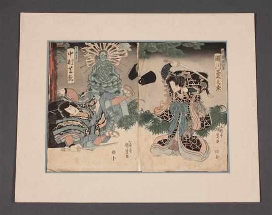 Appraisal: Japanese color woodcut diptych Kunisada Two samurai shocked by an