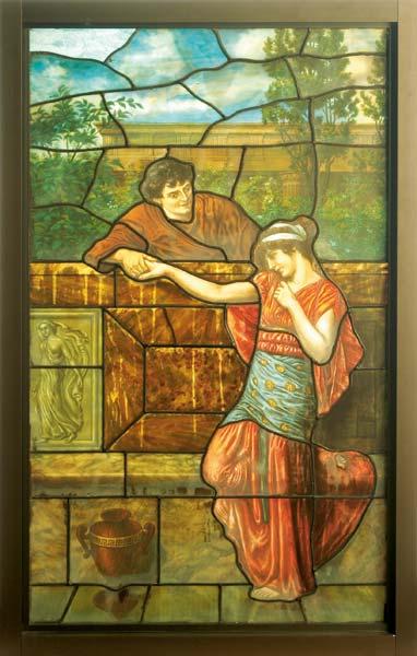 Appraisal: ARTS AND CRAFTS Large leaded-glass window reverse-painted with a courtship