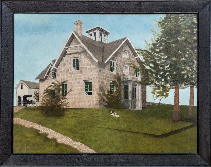 Appraisal: AMERICAN SCHOOL VICTORIAN HOUSE WITH DOG AND CARRIAGE Oil on