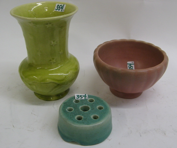 Appraisal: THREE ARTICLES OF AMERICAN ROOKWOOD ART POTTERY a yellow-green glaze