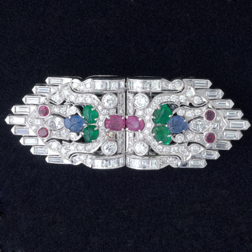 Appraisal: Pt and diamond double clip brooch with 'tutti frutti' circular