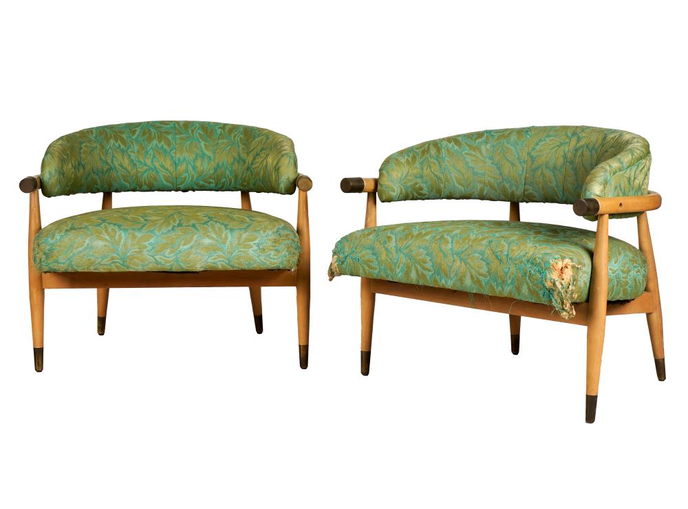 Appraisal: PAIR OF MID-CENTURY BARREL-BACK ARMCHAIRSblonde wood brass and green and