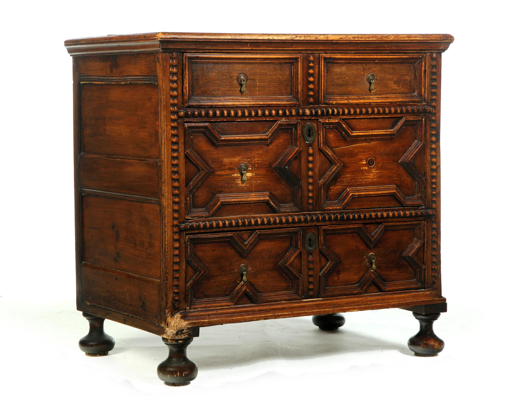 Appraisal: JACOBEAN-STYLE THREE-DRAWER CHEST England mid- th century Oak Paneled ends