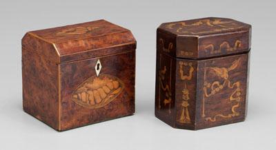 Appraisal: Two inlaid tea boxes one burlwood with inlaid shells on