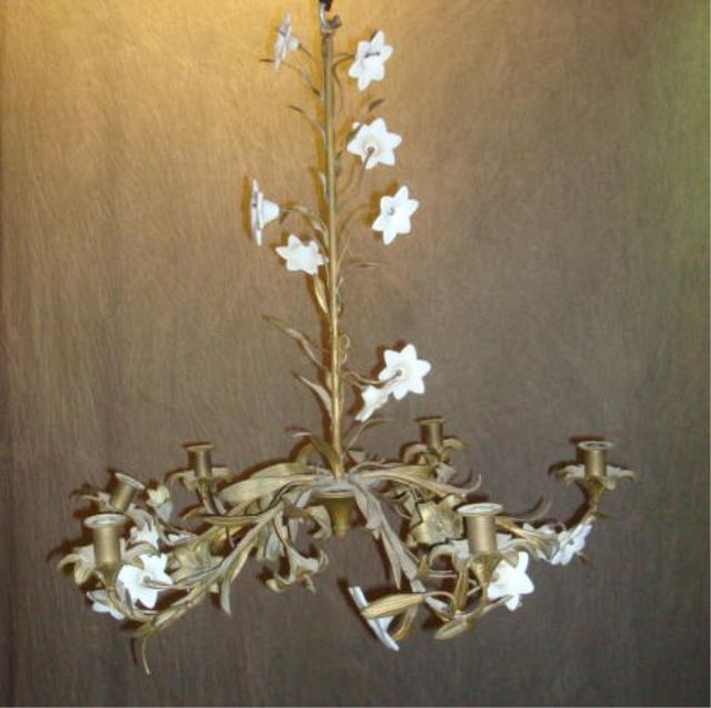 Appraisal: Gilt metal floral form chandelier with milk glass petals some