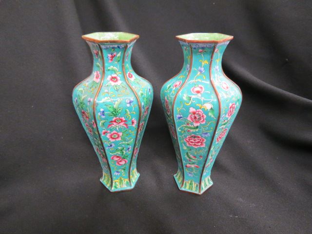 Appraisal: Pair of Chinese Peking Enamel Vases hexagon form excellent