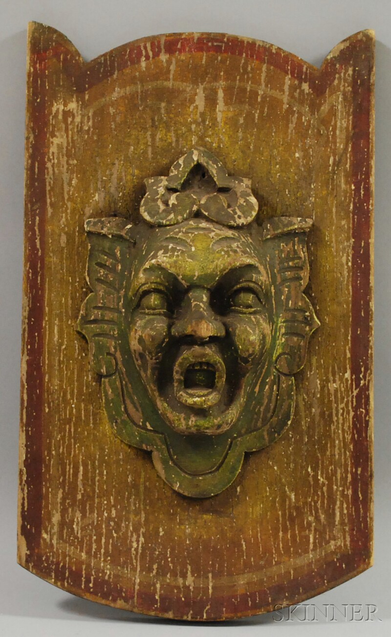 Appraisal: Painted Carved Wood Grotesque Mask Panel lg in