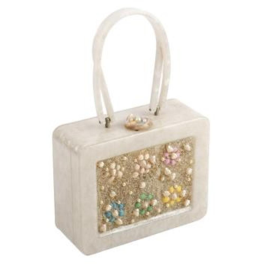 Appraisal: WILLARDY PEARLIZED PLASTIC BOX PURSE WITH PANEL INSET WITH SHELLS