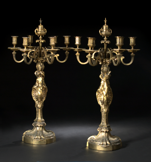 Appraisal: Stately Pair of French Gilt-Bronze Six-Light Candelabra first quarter th