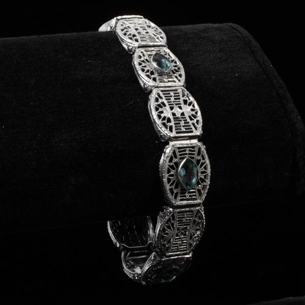 Appraisal: Edwardian Art Deco Filigree Bracelet with Aqua Paste Jewels Not