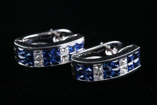 Appraisal: PAIR K WHITE GOLD SAPPHIRE AND DIAMOND HOOP STYLE EARRINGS