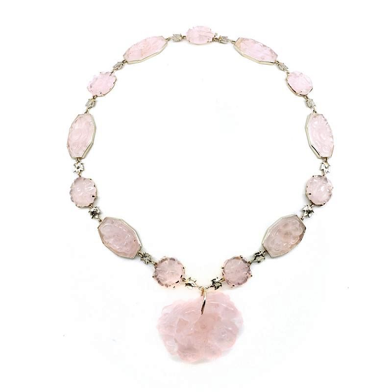 Appraisal: k White gold carved rose quartz deco style necklace k