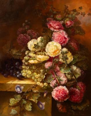 Appraisal: Tom Crowell Still Life flowers and fruit on a ledge