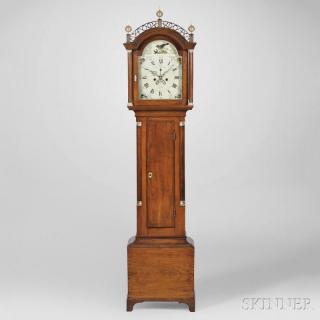 Appraisal: David Wood Cherry Tall Clock Newburyport Massachusetts c arch-top hood