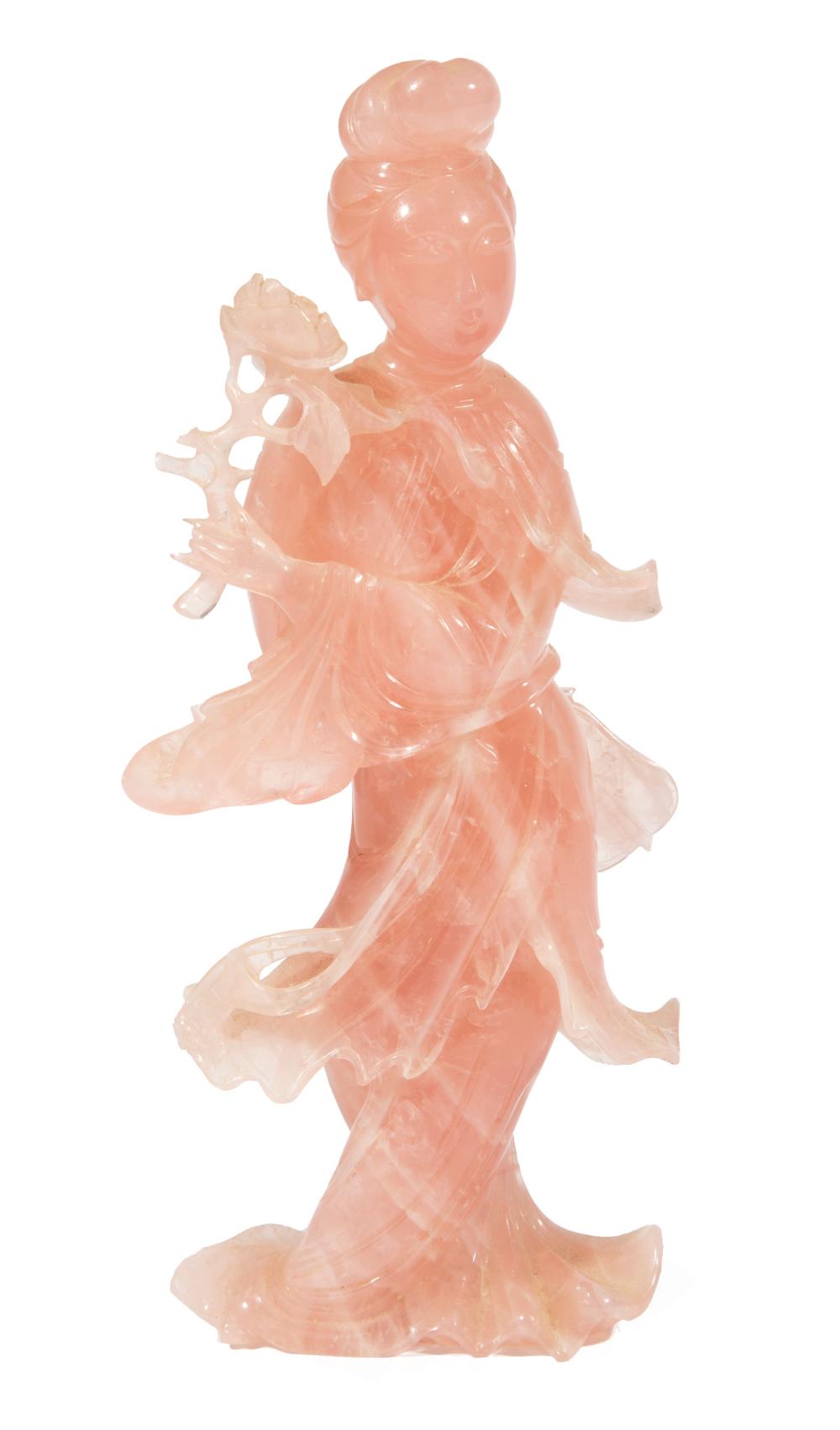 Appraisal: Chinese Rose Quartz Figure of Beauty carved standing with fan