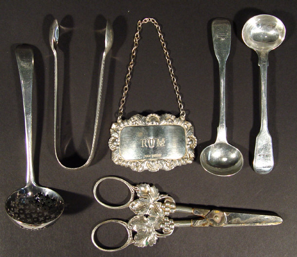 Appraisal: Group of silver including a rum label sifting spoon pair