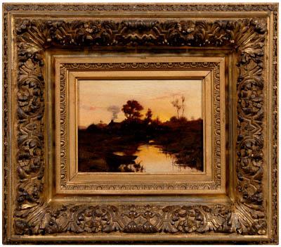 Appraisal: th century European painting landscape at sunset with cottage boats