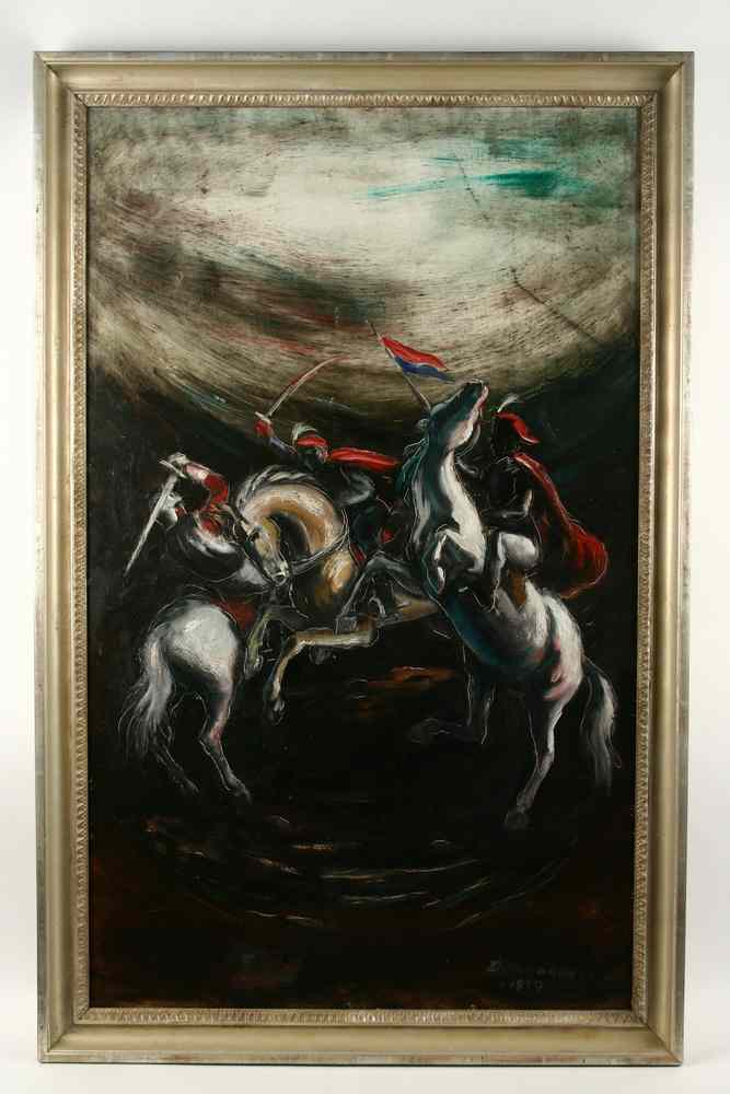 Appraisal: OIL ON MASO - Cavalry Fight by Imre Domonkos Hungarian