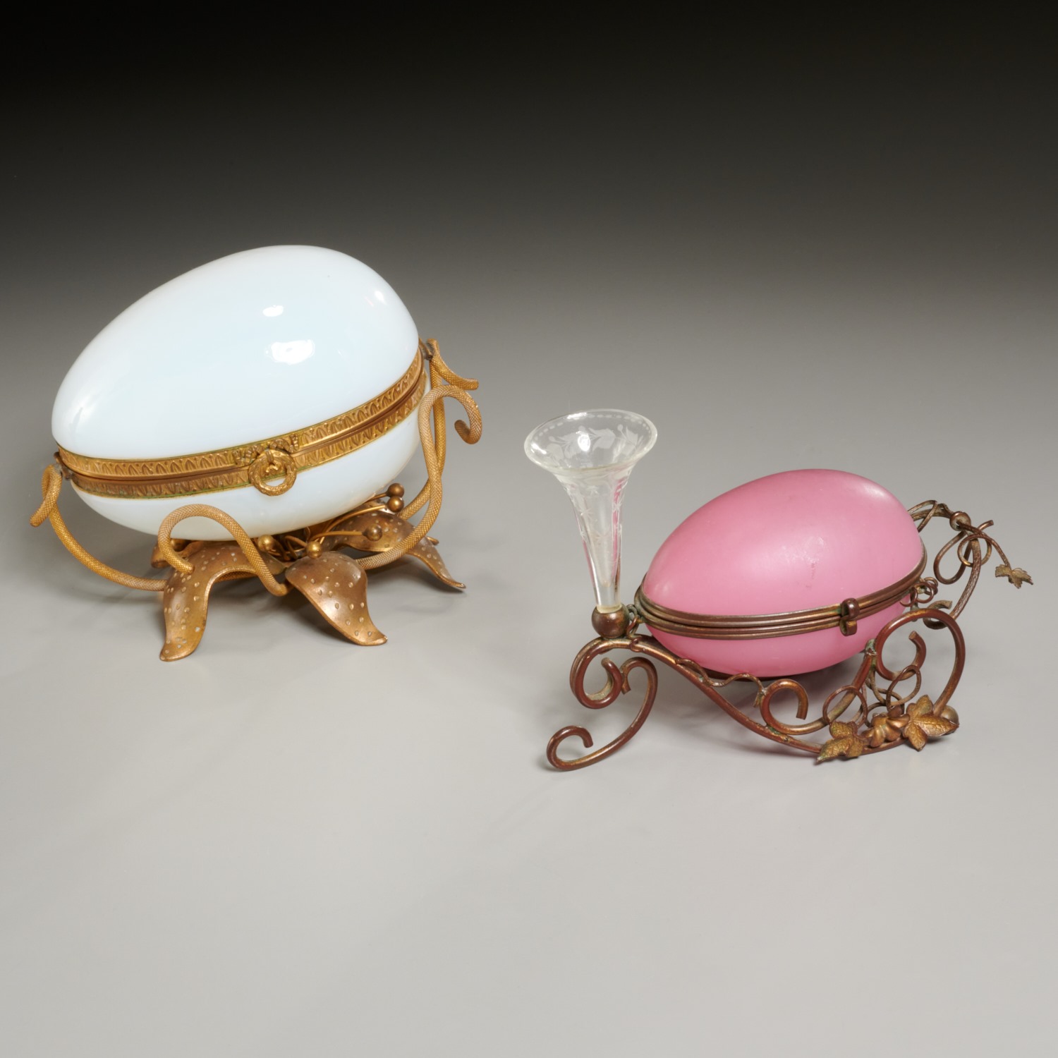 Appraisal: FRENCH OPALINE GLASS BRONZE EGG BOXES c France in the